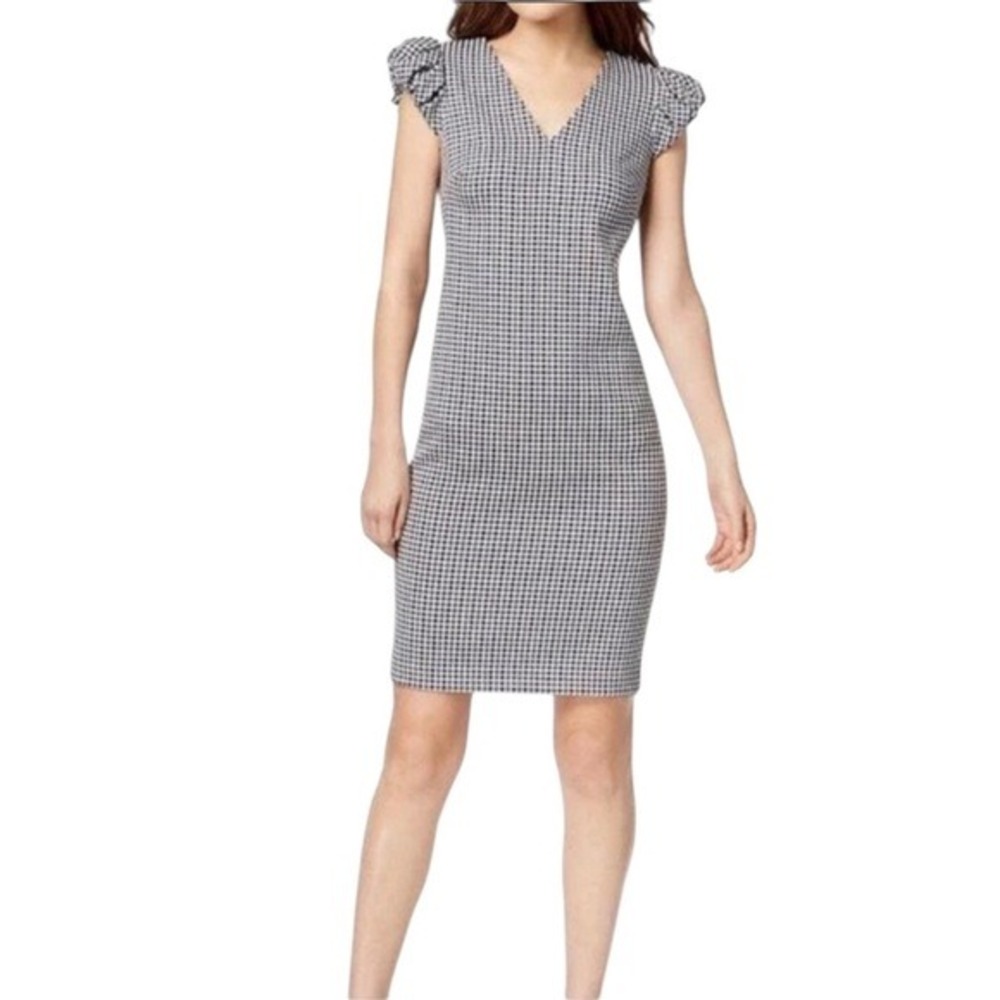 Calvin Klein Gingham‎ Sheath Dress Women 8 Black White Navy Blue NWOT